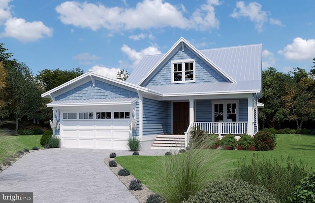 LOT25A1 Bayberry Ln, Chincoteague Island, VA 23336 - view of front facade with driveway, a porch, a garage, a front yard, and a metal roof