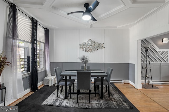 16 N Morley St, Baltimore, MD 21229 - dining space featuring wood finished floors, ceiling fan, baseboard heating, coffered ceiling, and ornamental molding