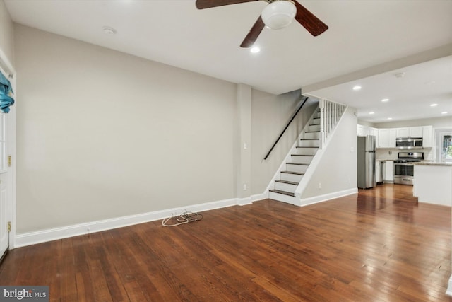252 N 3rd St, North Wales, PA 19454 - unfurnished living room featuring dark wood-style floors, stairs, a ceiling fan, and recessed lighting