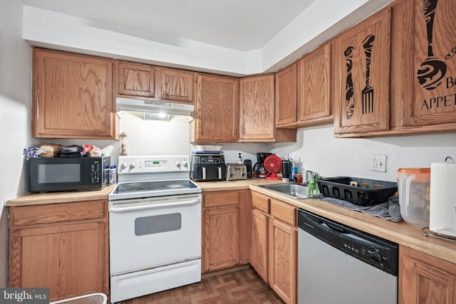 1007 Timber Creek Rd, Clementon, NJ 08021 - kitchen with white electric range, dishwasher, under cabinet range hood, black microwave, and light countertops