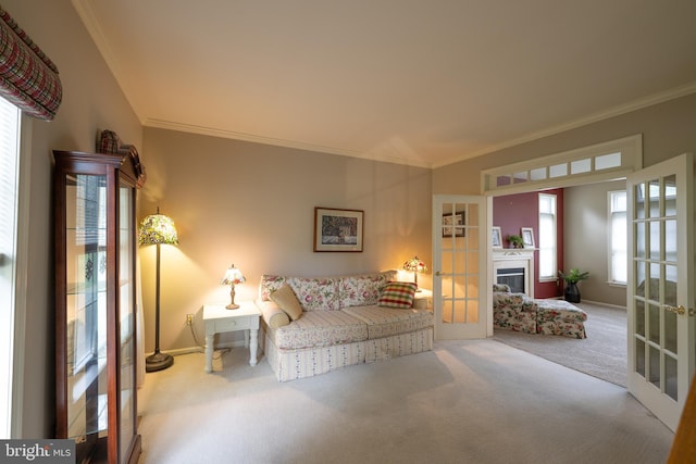 5900 Wayside Dr, Macungie, PA 18062 - living room featuring french doors, carpet, and crown molding
