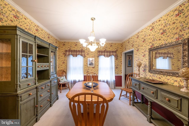 5900 Wayside Dr, Macungie, PA 18062 - dining space featuring wallpapered walls, a chandelier, crown molding, and light carpet