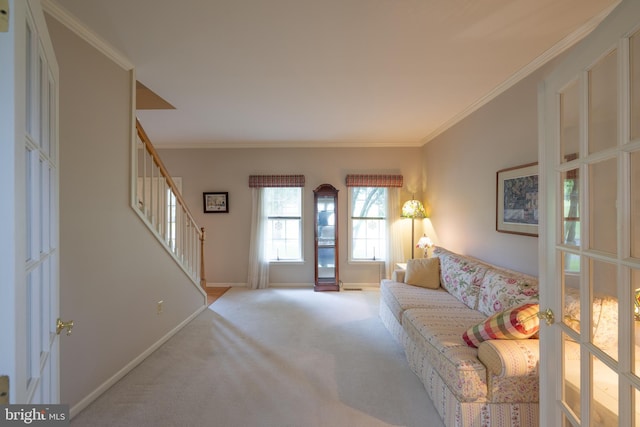 5900 Wayside Dr, Macungie, PA 18062 - carpeted living area featuring stairway and crown molding