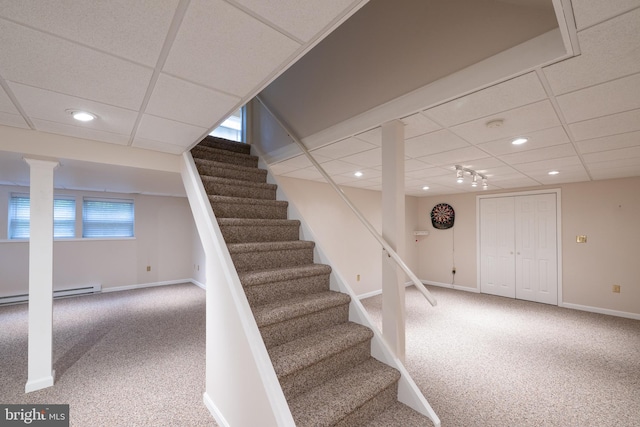 5900 Wayside Dr, Macungie, PA 18062 - staircase with carpet, a drop ceiling, recessed lighting, and baseboard heating