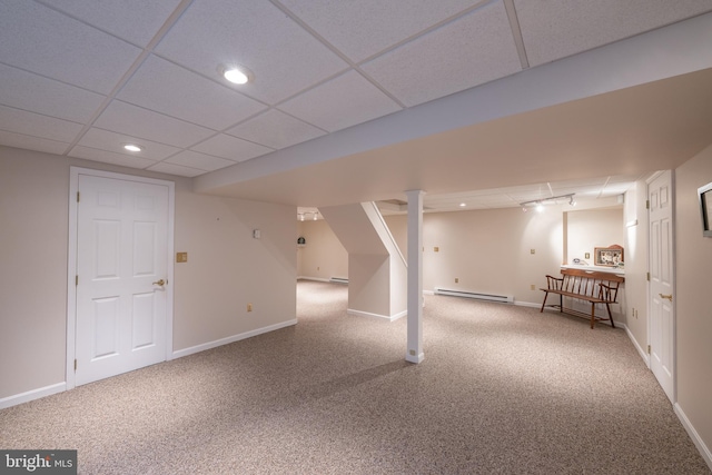 5900 Wayside Dr, Macungie, PA 18062 - finished below grade area with a baseboard radiator, carpet floors, recessed lighting, and a drop ceiling