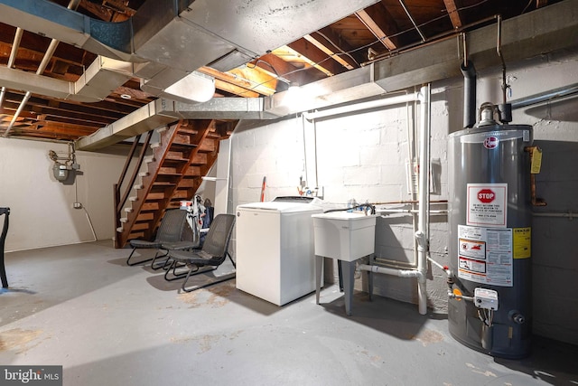 336 Imla St, Baltimore, MD 21224 - unfinished basement featuring washer / clothes dryer, water heater, and stairs
