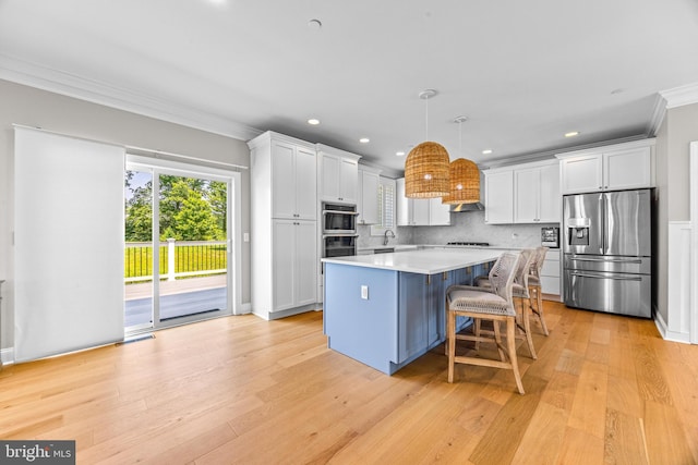 806 Dunfer Hill Rd, Severna Park, MD 21146 - kitchen with stainless steel fridge with ice dispenser, crown molding, white cabinets, light countertops, and a kitchen island