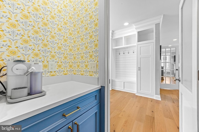 806 Dunfer Hill Rd, Severna Park, MD 21146 - bathroom with wallpapered walls, wood finished floors, and recessed lighting