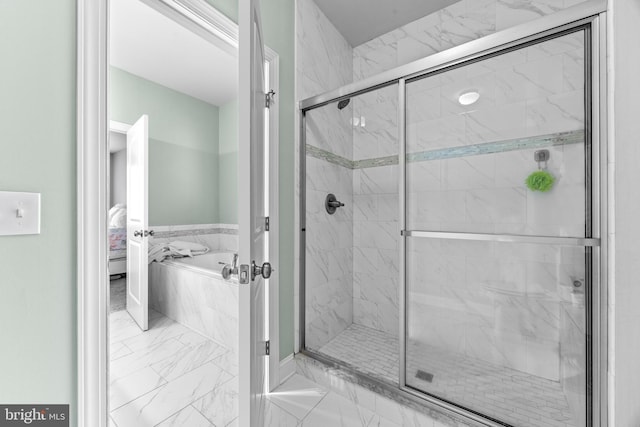 806 Dunfer Hill Rd, Severna Park, MD 21146 - full bath with a bath, marble look tile flooring, a stall shower, and connected bathroom