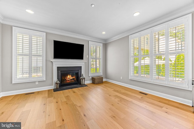 806 Dunfer Hill Rd, Severna Park, MD 21146 - unfurnished living room featuring a fireplace with flush hearth, wood finished floors, crown molding, and recessed lighting
