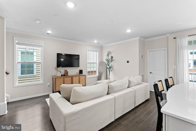 23230 Milltown Knoll Sq Unit 106, Ashburn, VA 20148 - living area featuring dark wood finished floors, crown molding, and recessed lighting