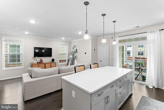 23230 Milltown Knoll Sq Unit 106, Ashburn, VA 20148 - kitchen featuring dark wood-style flooring, ornamental molding, a center island, light countertops, and decorative light fixtures