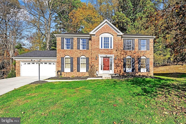 2700 Moores Valley Dr, Baltimore, MD 21209 - colonial inspired home with an attached garage, driveway, a front lawn, and brick siding