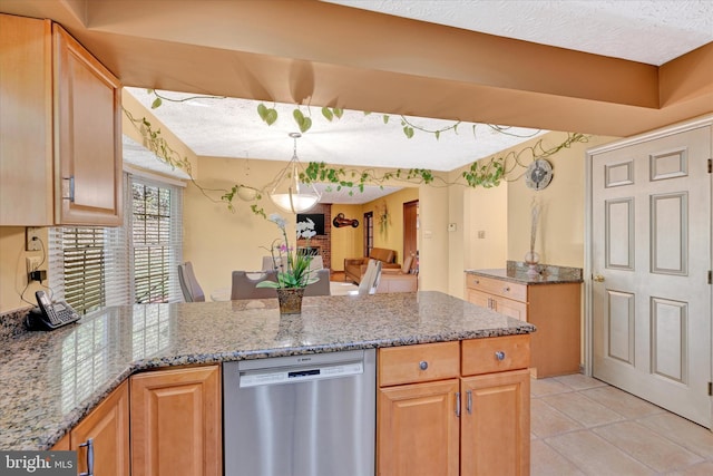 2700 Moores Valley Dr, Baltimore, MD 21209 - kitchen with stainless steel dishwasher, a peninsula, light stone countertops, light tile patterned floors, and a textured ceiling