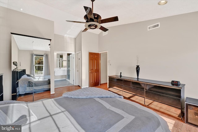 2700 Moores Valley Dr, Baltimore, MD 21209 - bedroom featuring wood finished floors, lofted ceiling, recessed lighting, and ceiling fan