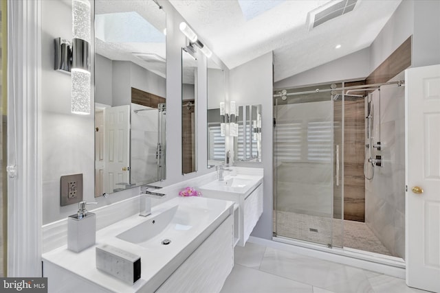 2700 Moores Valley Dr, Baltimore, MD 21209 - full bathroom with a shower stall, vanity, vaulted ceiling, and a textured ceiling