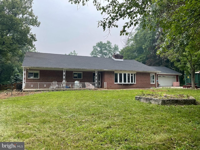7 Bangert Ave, White Marsh, MD 21162 - ranch-style house with a garage, a front yard, brick siding, and a chimney