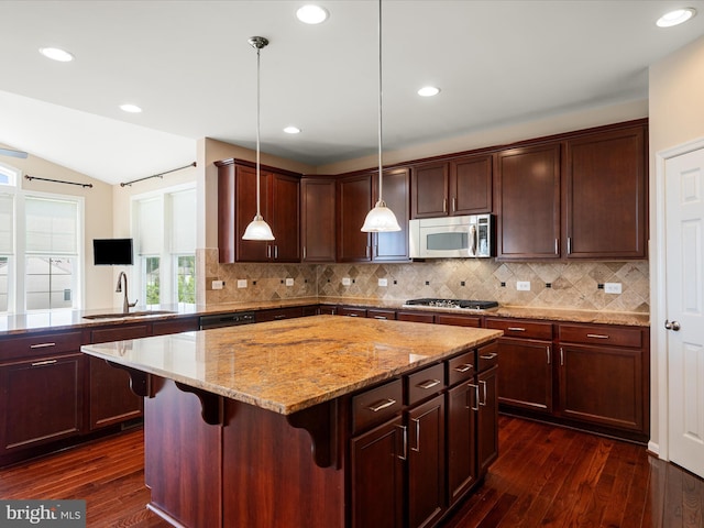 114 Renee Ln, Winchester, VA 22602 - kitchen featuring stainless steel appliances, dark wood-style flooring, a center island, plenty of natural light, and vaulted ceiling