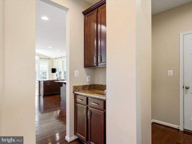 114 Renee Ln, Winchester, VA 22602 - bar with dark wood-type flooring, vaulted ceiling, and recessed lighting