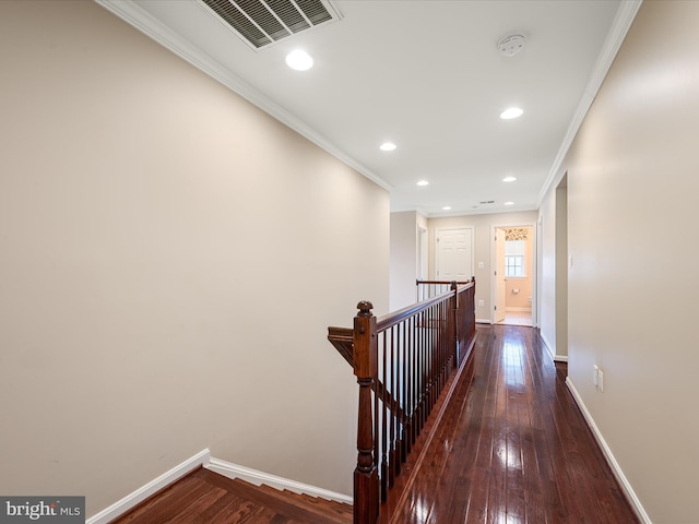 114 Renee Ln, Winchester, VA 22602 - corridor with ornamental molding, dark wood-type flooring, an upstairs landing, and recessed lighting