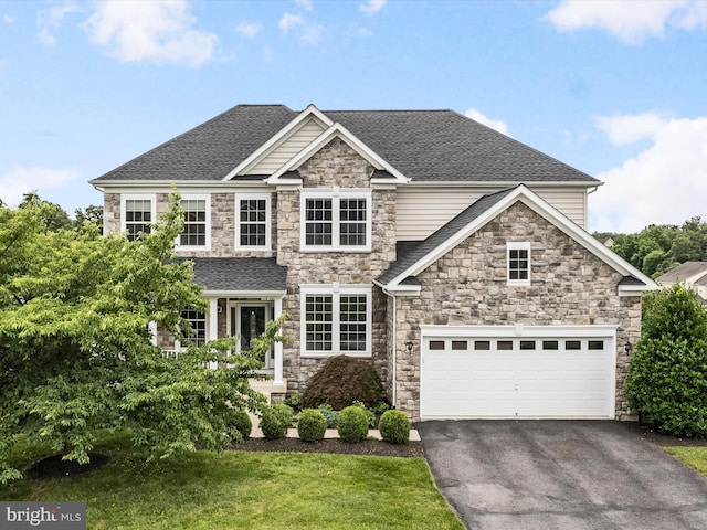 114 Renee Ln, Winchester, VA 22602 - view of front of property with stone siding, asphalt driveway, roof with shingles, a garage, and a front yard