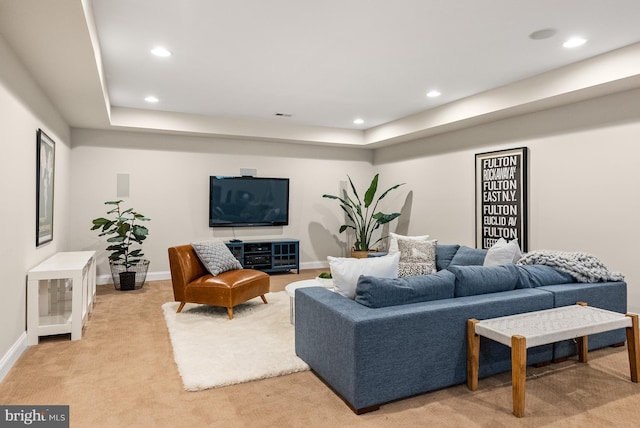 2407 N Nelson St, Arlington, VA 22207 - living room featuring light carpet, recessed lighting, and a tray ceiling