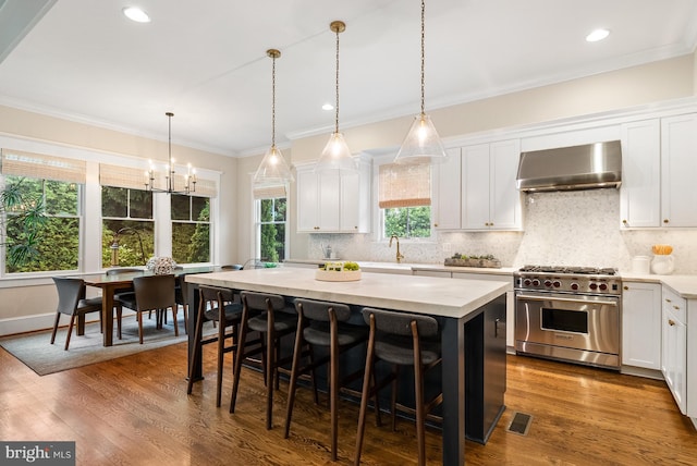 2407 N Nelson St, Arlington, VA 22207 - kitchen with wall chimney exhaust hood, luxury stove, a center island, white cabinets, and light countertops