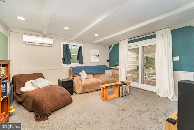 30 Bunker Ln, Etters, PA 17319 - living area featuring an AC wall unit, carpet, beamed ceiling, and a wainscoted wall