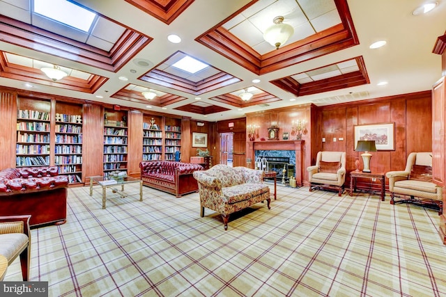 57 Harwood Rd, Monroe Township, NJ 08831 - living room with ornamental molding, a fireplace, carpet flooring, wooden walls, and coffered ceiling