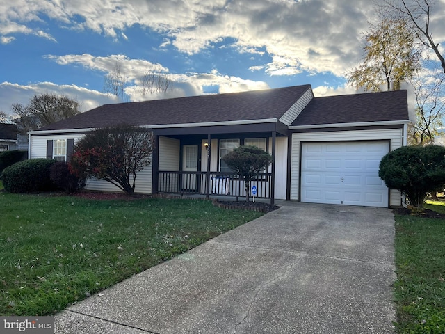 2177 Fawn Ct, Waldorf, MD 20602 - ranch-style home with a porch, an attached garage, a front lawn, driveway, and roof with shingles