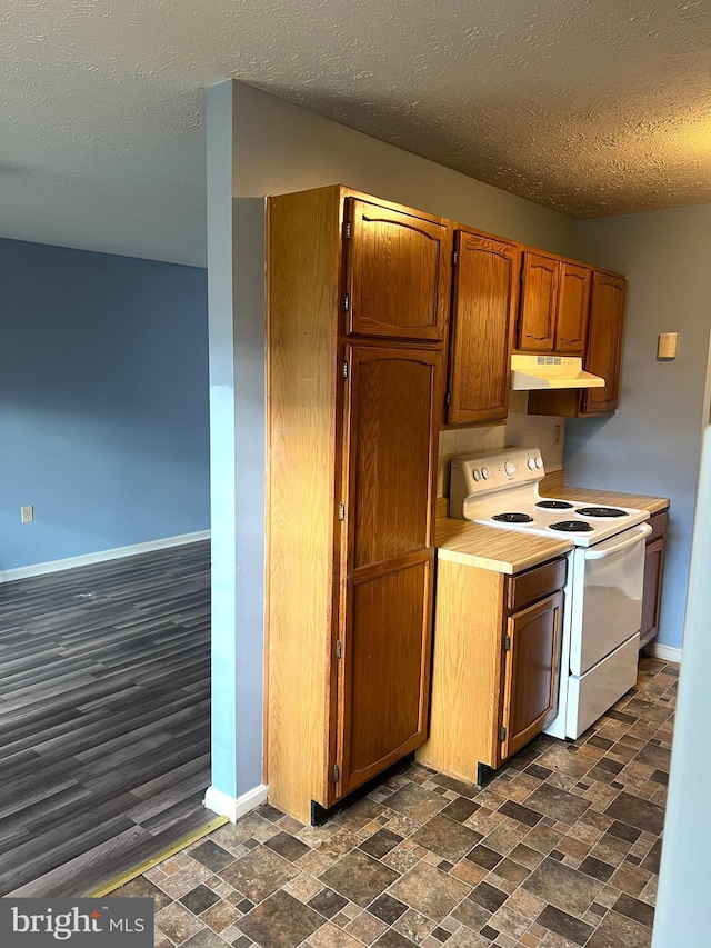 2177 Fawn Ct, Waldorf, MD 20602 - kitchen with white range with electric stovetop, under cabinet range hood, a textured ceiling, light countertops, and brown cabinets