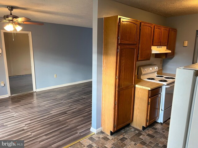 2177 Fawn Ct, Waldorf, MD 20602 - kitchen with white electric stove, under cabinet range hood, ceiling fan, light countertops, and a textured ceiling