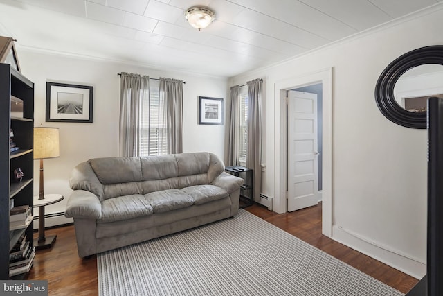53 Ackerman Ave, Saddle Brook, NJ 07663 - living area with baseboard heating, dark wood-type flooring, and ornamental molding