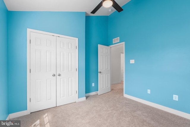 9 Fila Way, Sparks Glencoe, MD 21152 - unfurnished bedroom with carpet, a closet, high vaulted ceiling, and ceiling fan