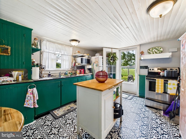 12194 Knife Box Rd, Greensboro, MD 21639 - kitchen with open shelves, stainless steel appliances, wooden counters, plenty of natural light, and wooden ceiling