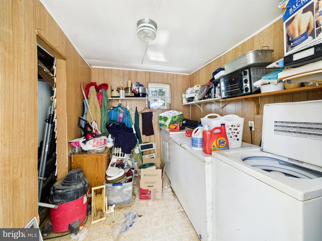12194 Knife Box Rd, Greensboro, MD 21639 - laundry area with wooden walls, attic access, and washer and dryer