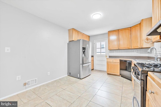 12329 La Plata St, Silver Spring, MD 20904 - kitchen featuring stainless steel appliances, light brown cabinetry, range hood, and light tile patterned floors