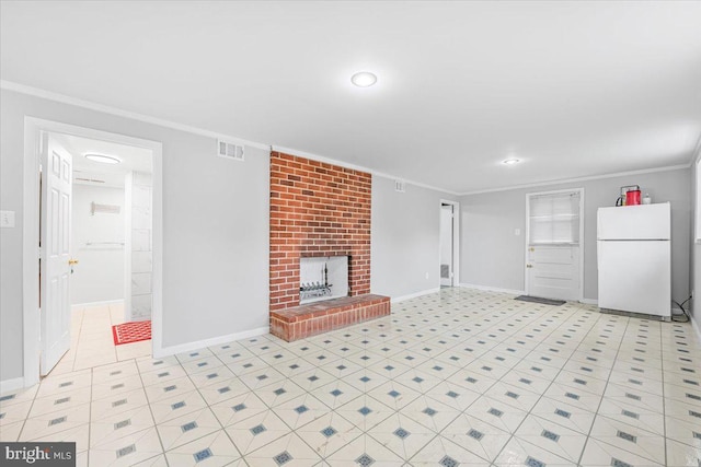 12329 La Plata St, Silver Spring, MD 20904 - unfurnished living room with ornamental molding and a brick fireplace