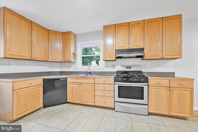 12329 La Plata St, Silver Spring, MD 20904 - kitchen featuring black dishwasher, under cabinet range hood, gas range, and dark countertops