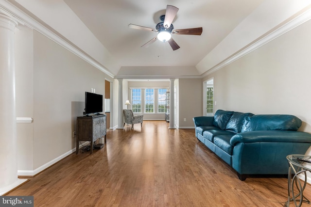 7315 Brookview Rd Unit 306, Elkridge, MD 21075 - living room with decorative columns, wood finished floors, and a ceiling fan