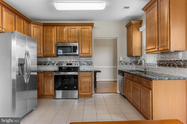 7315 Brookview Rd Unit 306, Elkridge, MD 21075 - kitchen featuring stainless steel appliances, dark stone counters, brown cabinets, and tasteful backsplash