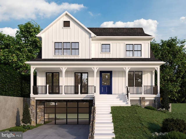 2541 23rd Rd N, Arlington, VA 22207 - modern farmhouse featuring board and batten siding, covered porch, an attached garage, and driveway