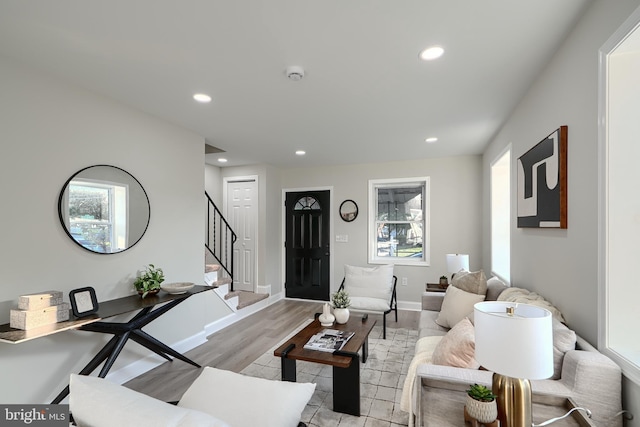 3027 Seamon Ave, Baltimore, MD 21225 - living area featuring stairway, recessed lighting, and light wood-style floors