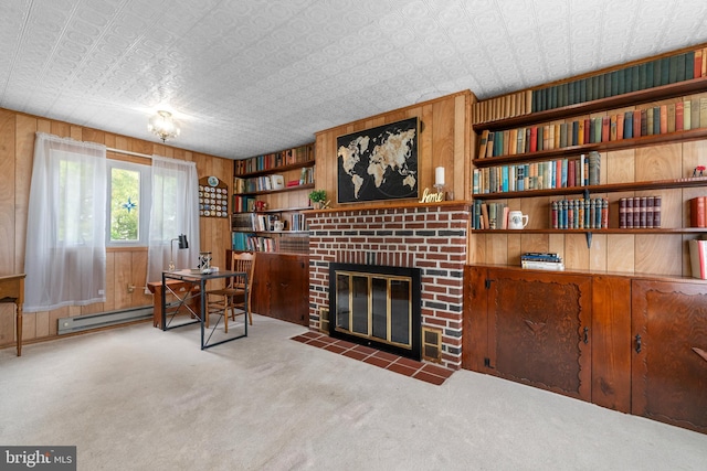 18 Linda Ln, Hatboro, PA 19040 - office space featuring an ornate ceiling, wood walls, carpet flooring, a brick fireplace, and a baseboard heating unit