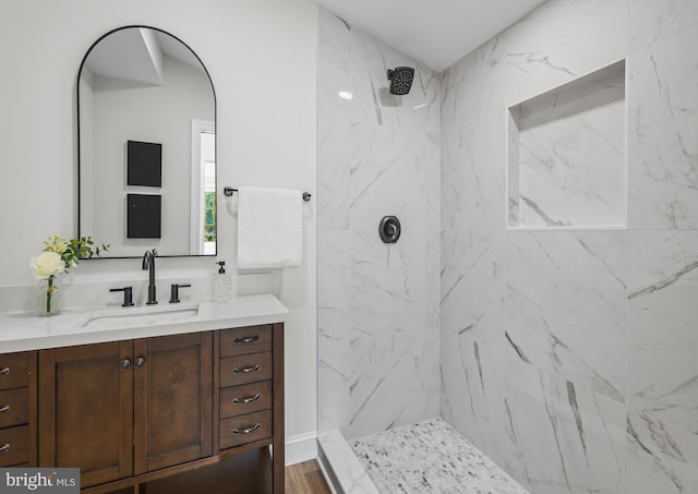 33 Main St, Pilesgrove, NJ 08098 - bathroom with vanity, a marble finish shower, and wood finished floors