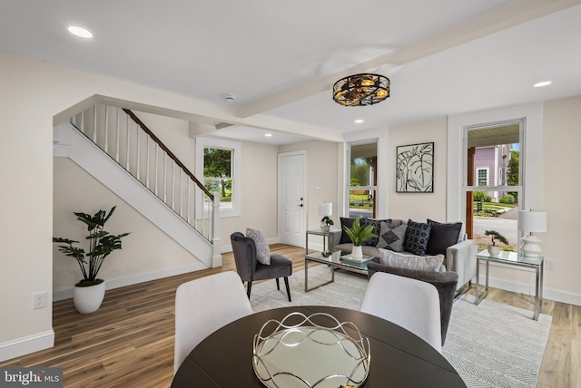 33 Main St, Pilesgrove, NJ 08098 - living area with stairway, wood finished floors, recessed lighting, and beam ceiling