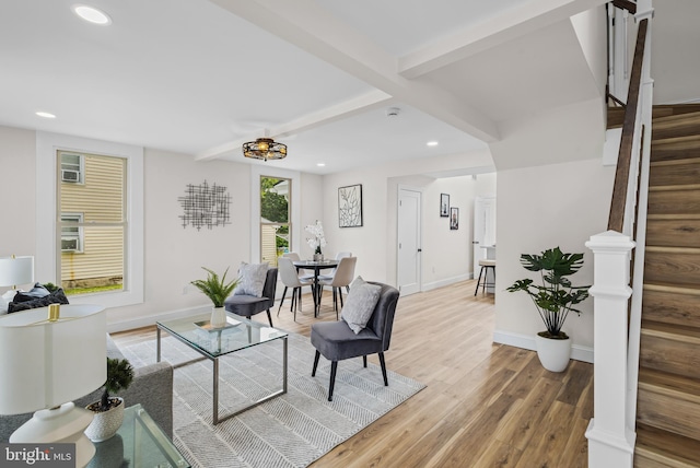 33 Main St, Pilesgrove, NJ 08098 - living area featuring stairs, recessed lighting, light wood finished floors, and beamed ceiling