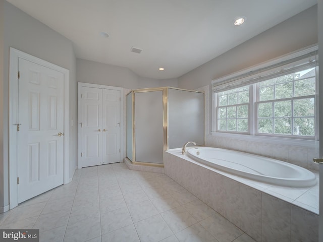 8429 Link Hills Loop, Gainesville, VA 20155 - bathroom featuring a bath, a shower stall, tile patterned flooring, and recessed lighting