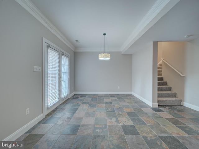 8429 Link Hills Loop, Gainesville, VA 20155 - spare room featuring stone tile flooring, stairs, and ornamental molding