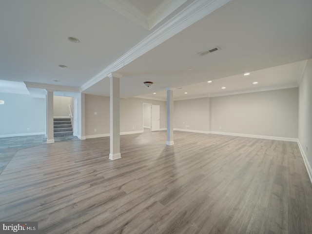 8429 Link Hills Loop, Gainesville, VA 20155 - finished below grade area featuring ornamental molding, stairs, wood finished floors, and recessed lighting